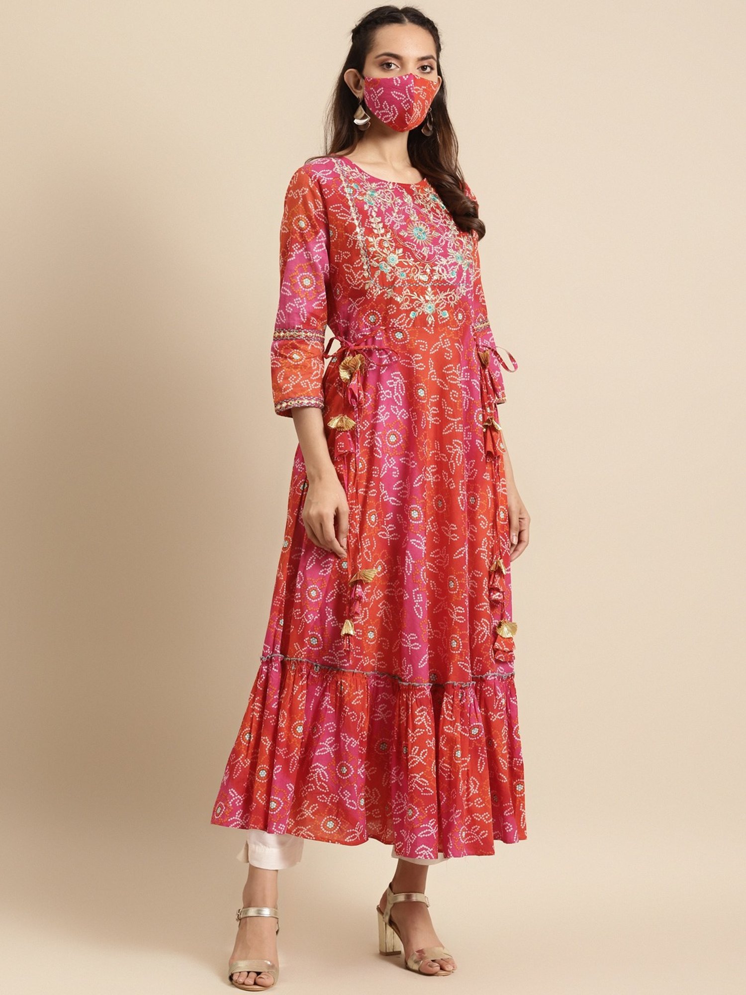 Buy RANGMANCH BY PANTALOONS Women Orange & Pink Printed A-Line Kurta on  Myntra