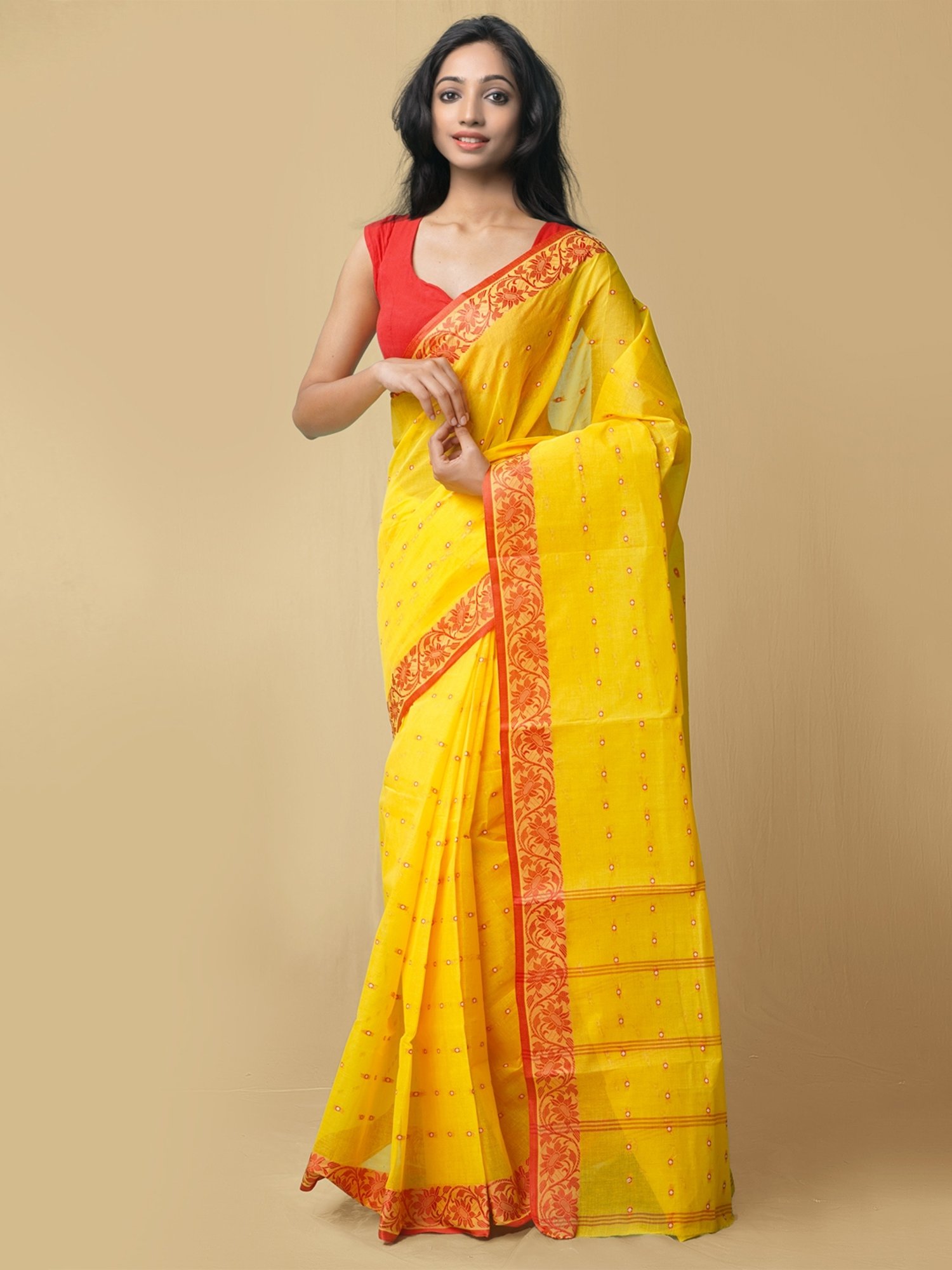 Bangladeshi Tant Saree Embroidery Foil Mirror Work - Yellow Blue – Phulari