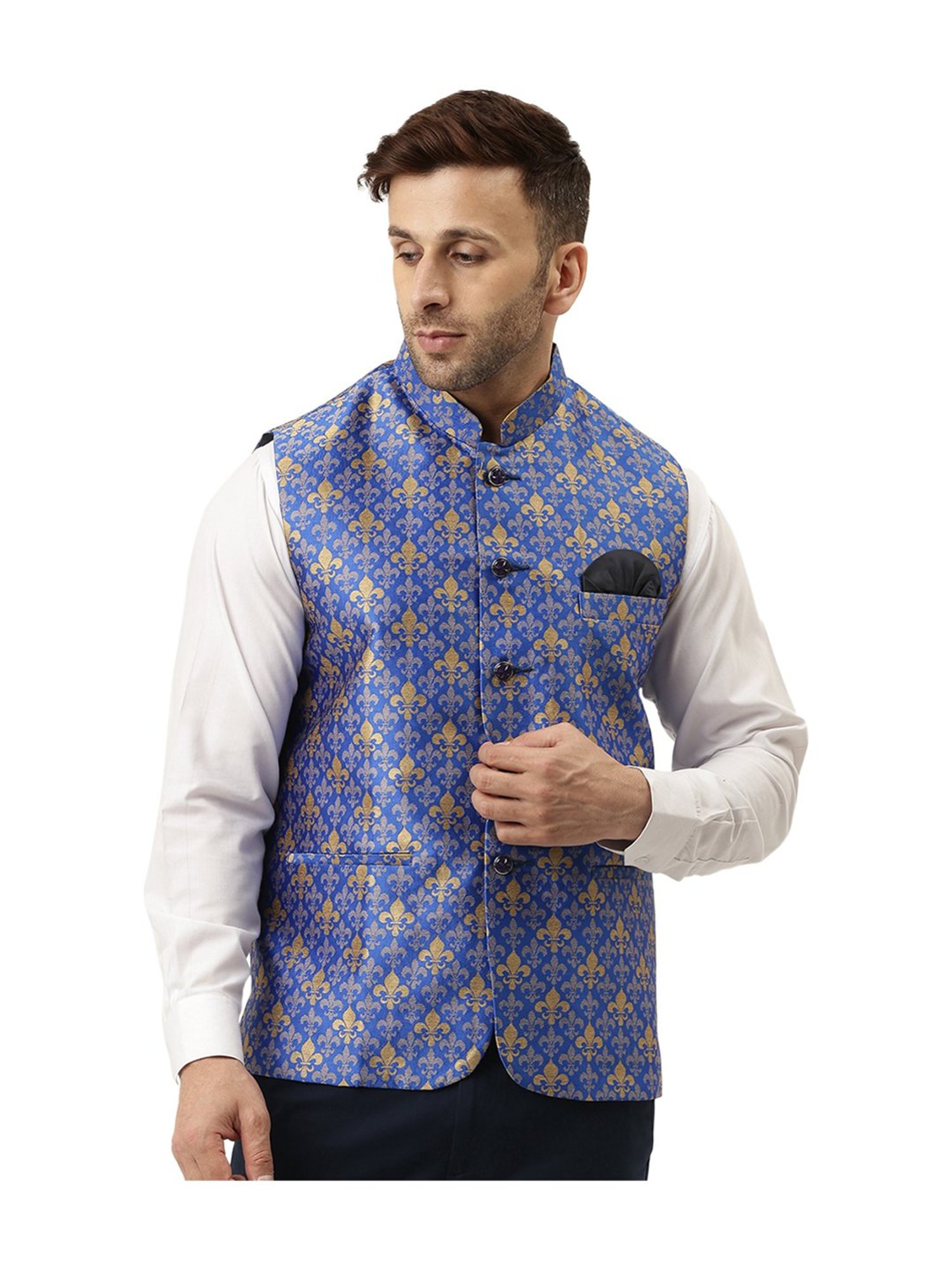 Wintage Men's Banarasi Rayon Cotton Bandhgala Festive Nehru Modi Jacket  Waistcoat : Blue