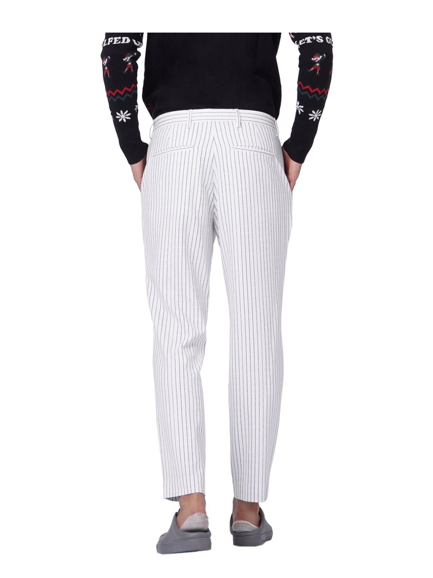 Buy SOJANYA Men Cotton Blend NavyBlue & OffWhite Striped Formal Trousers  online