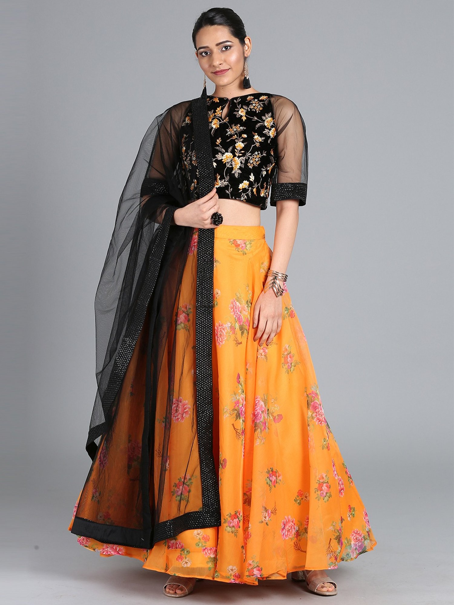 Black Cotton Crop Top Lehenga 248160