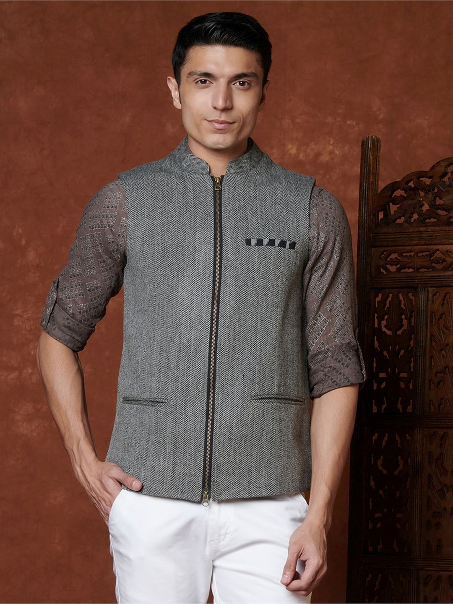 Fabindia Men's Wool Tweed Nehru Jacket (6021029Light Grey_Light XXL) :  Amazon.in: Fashion