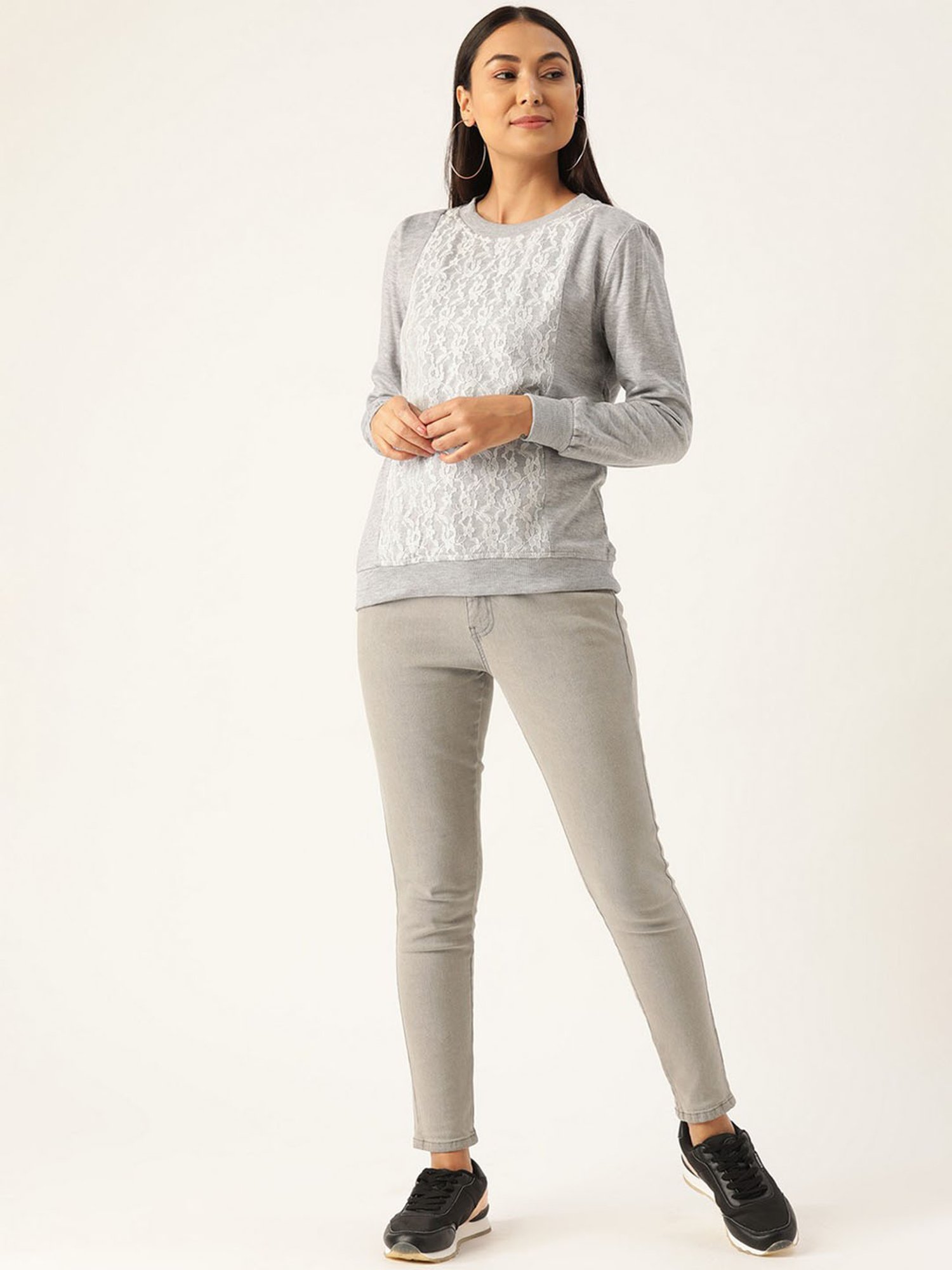 Buy Belle Fille Grey Lace Sweatshirt for Women Online @ Tata CLiQ