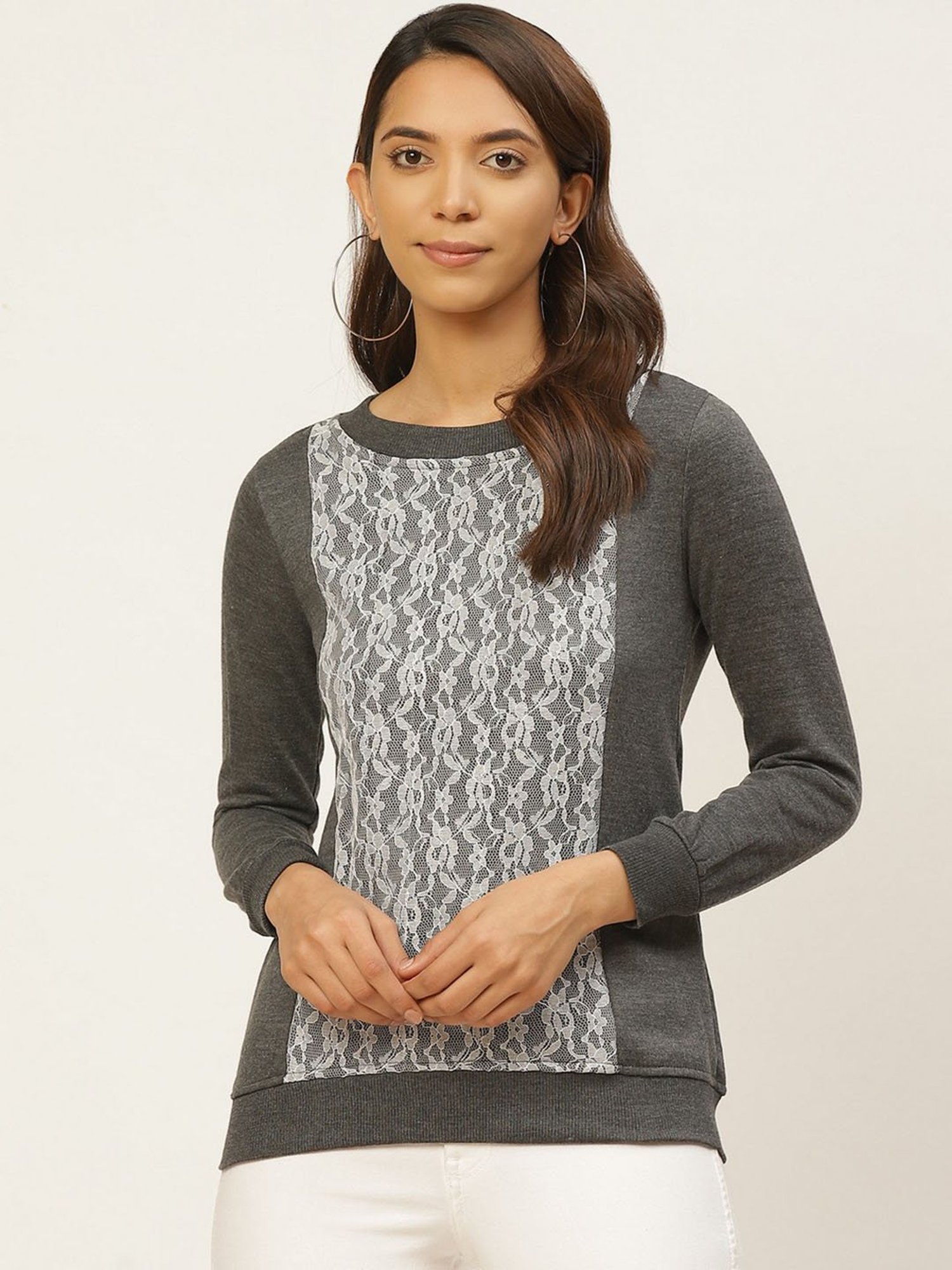 Buy Belle Fille Grey Lace Sweatshirt for Women Online @ Tata CLiQ