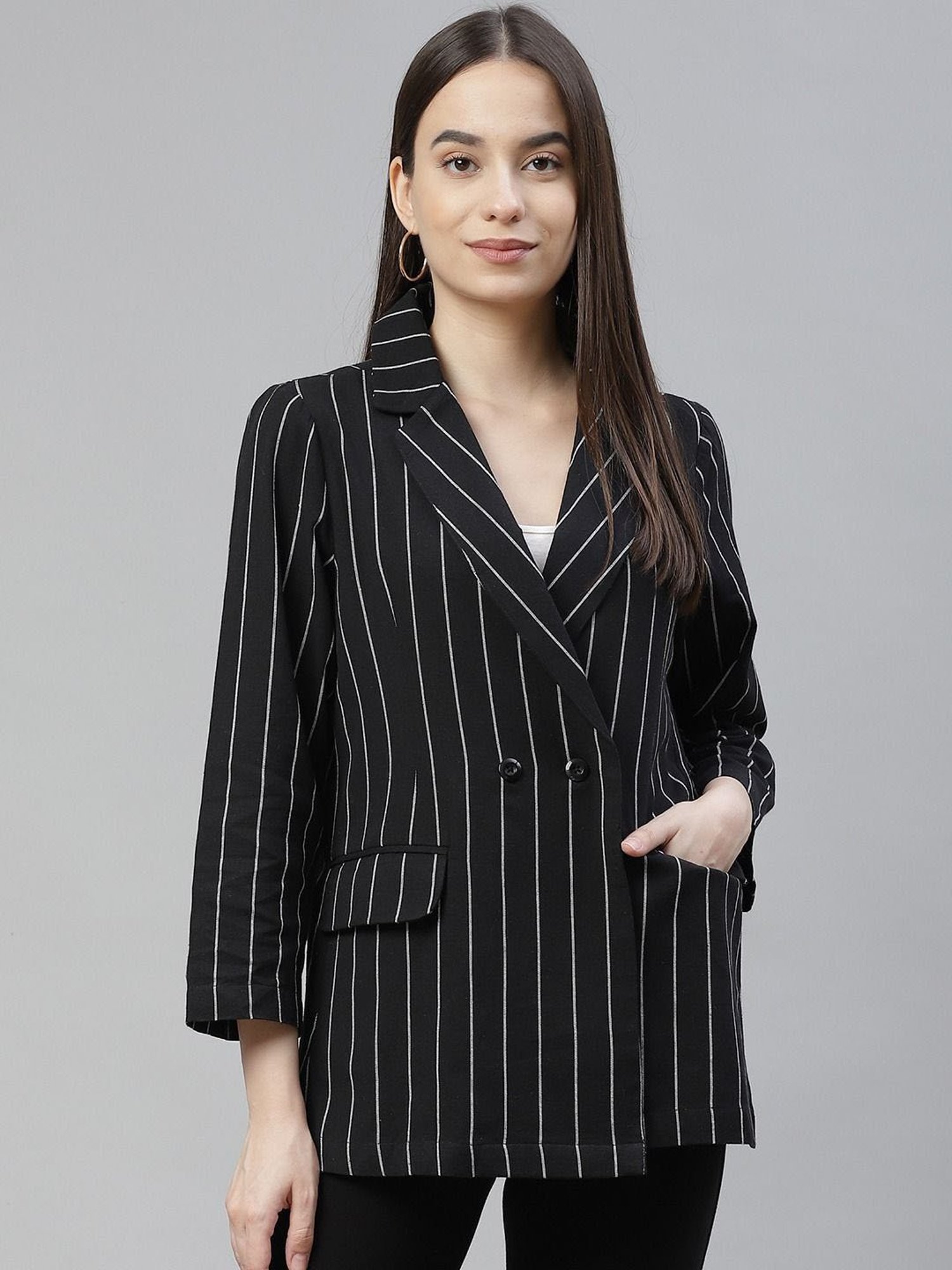 Buy Cottinfab Black White Striped Blazer for Women Online Tata