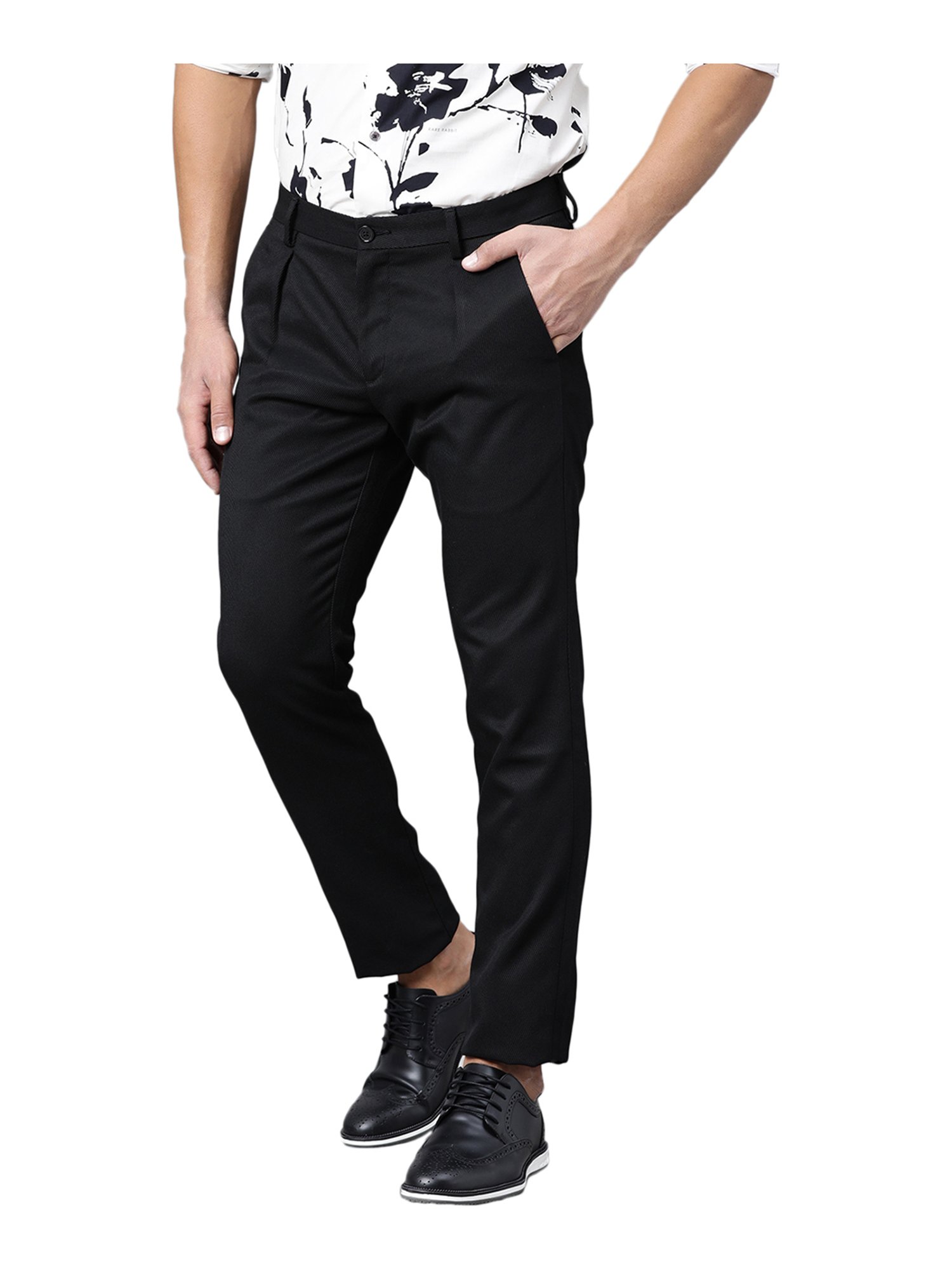 Buy Van Heusen Black Mid Rise Slim Fit Pleated Trousers for Men Online   Tata CLiQ
