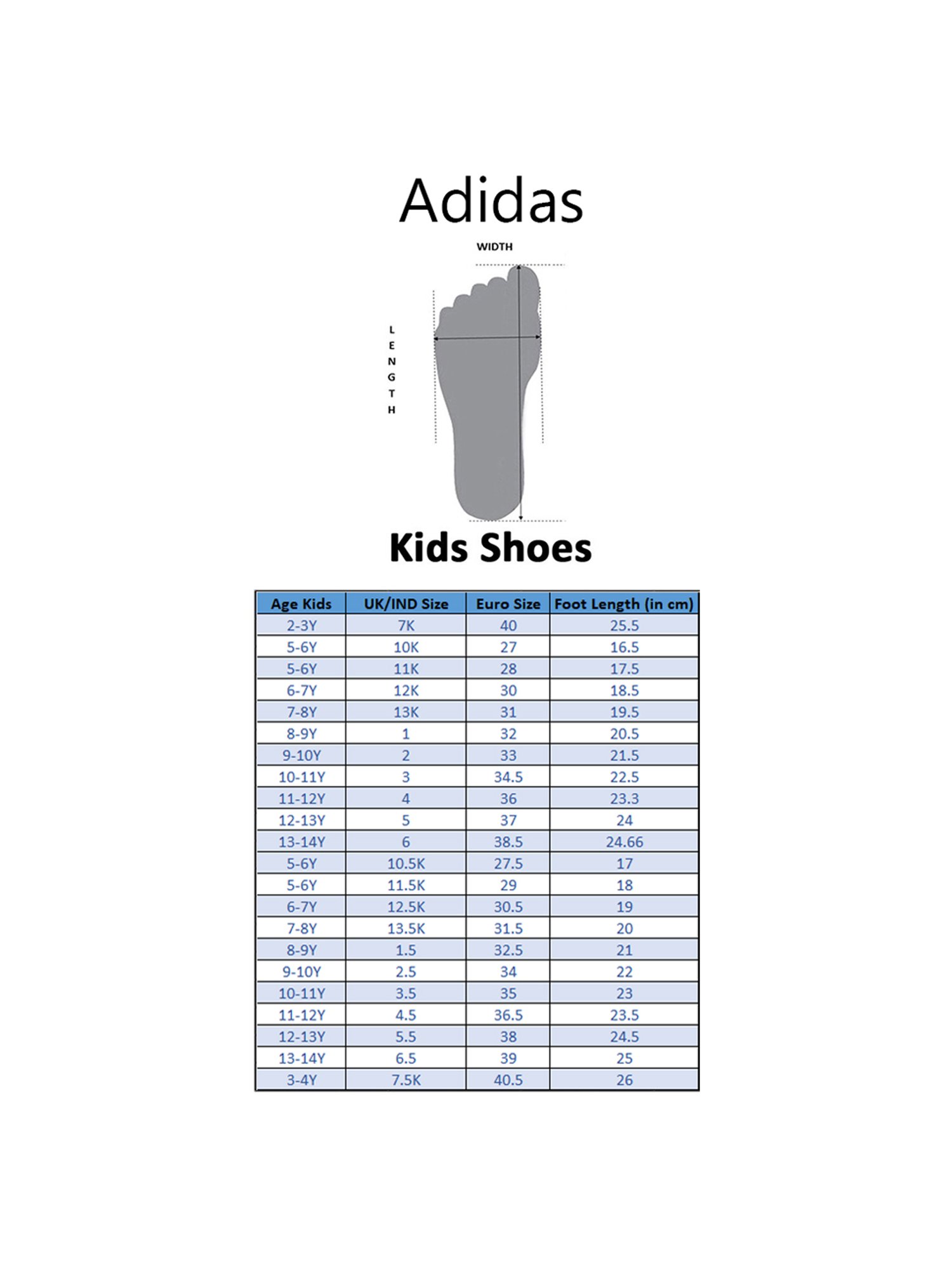 Adidas shoe size outlet chart 7k