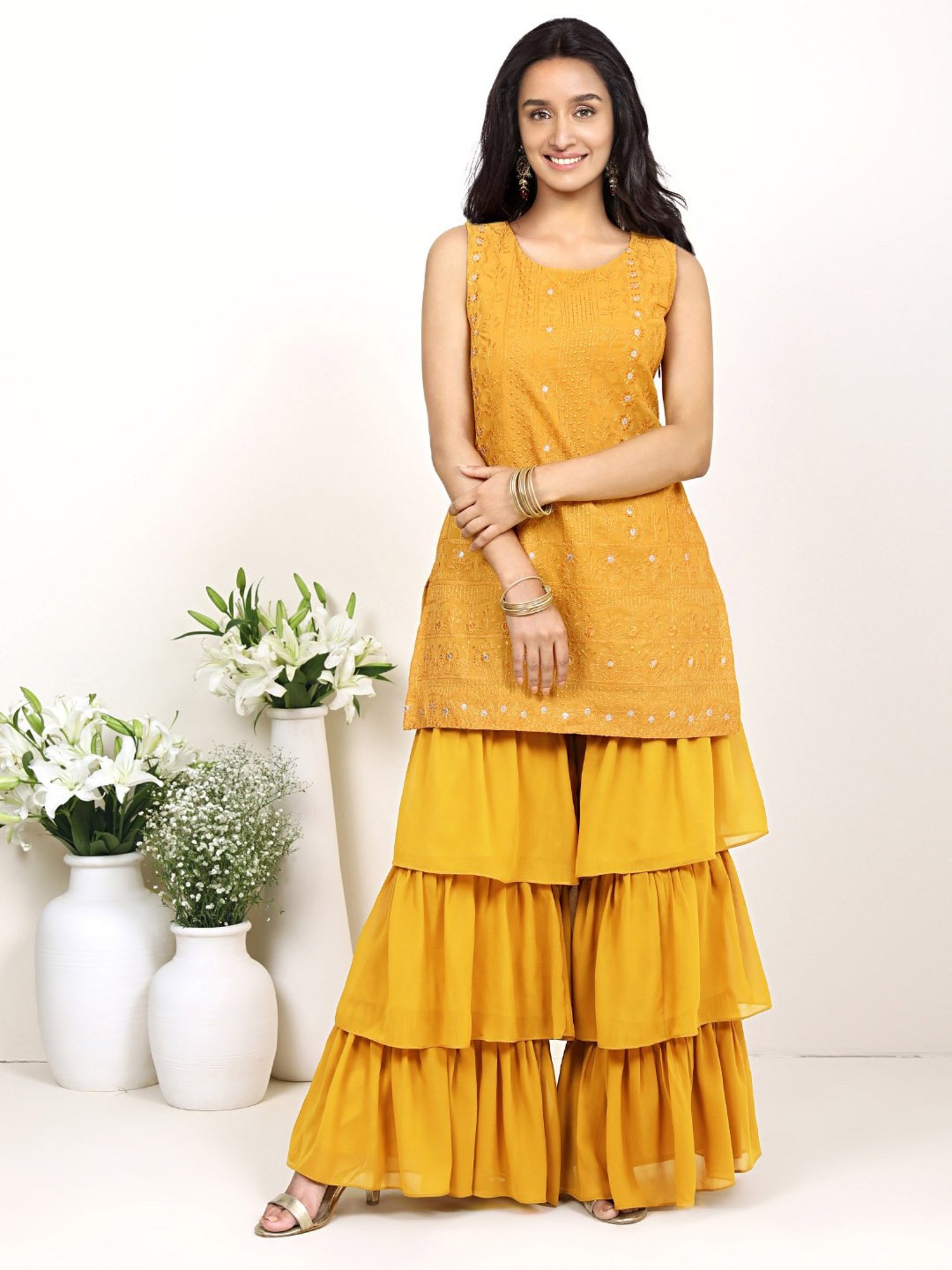 Buy Bunaai Yellow Straight Designer Sharara Suit Set For Women Online