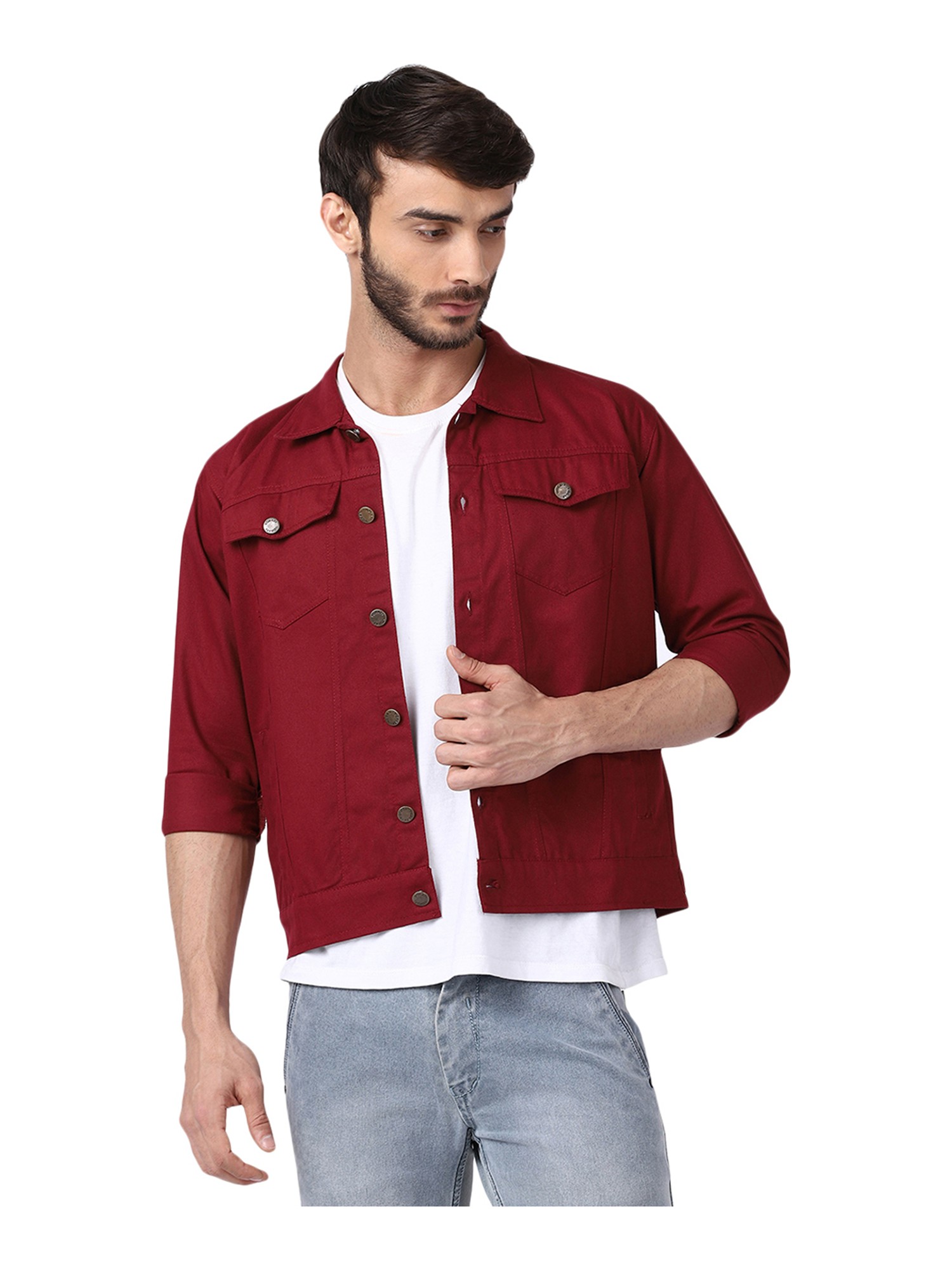 Discover 74+ maroon denim jacket men best