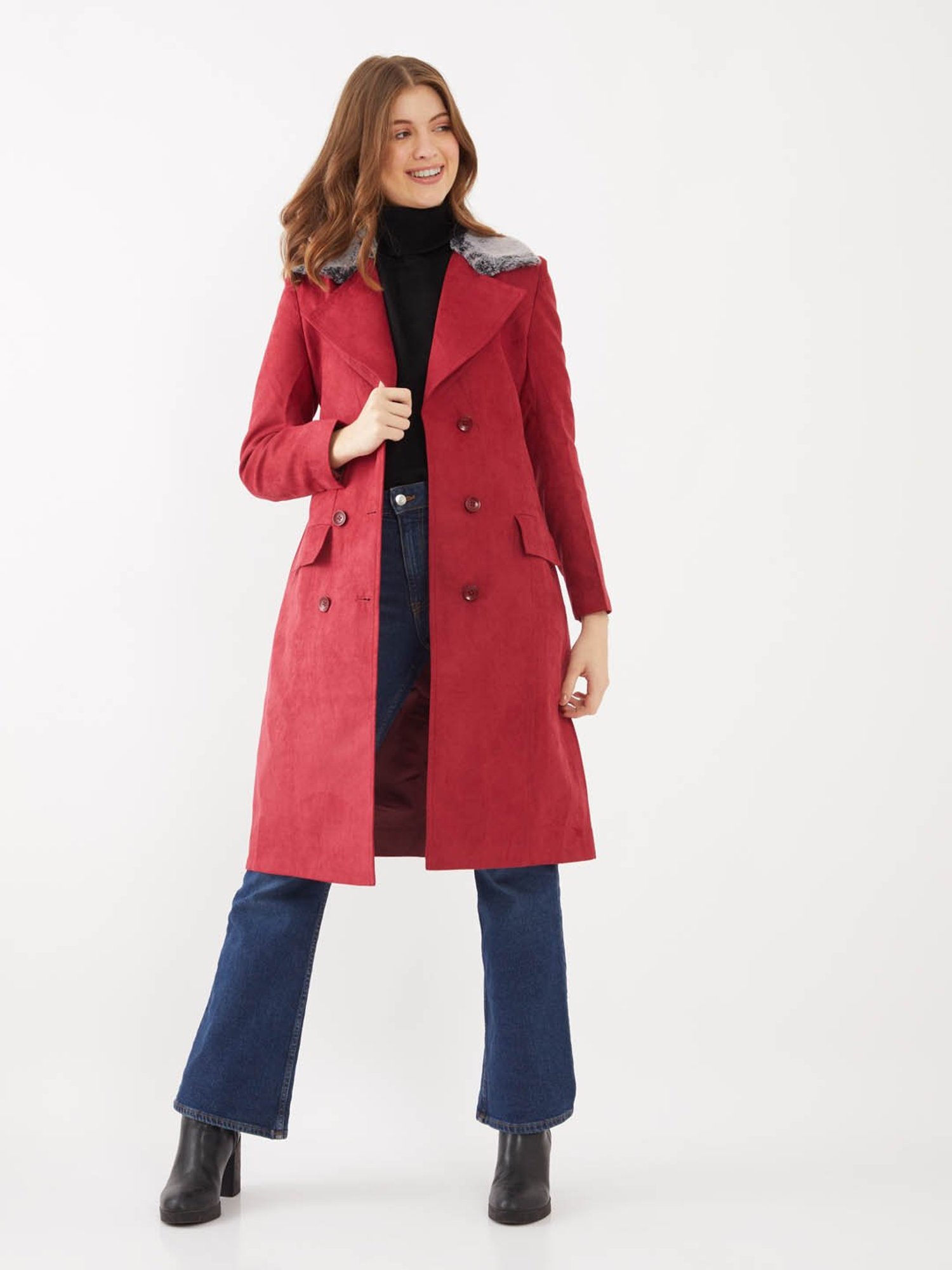 Buy Zink London Maroon Regular Fit Trench Coat for Women Online