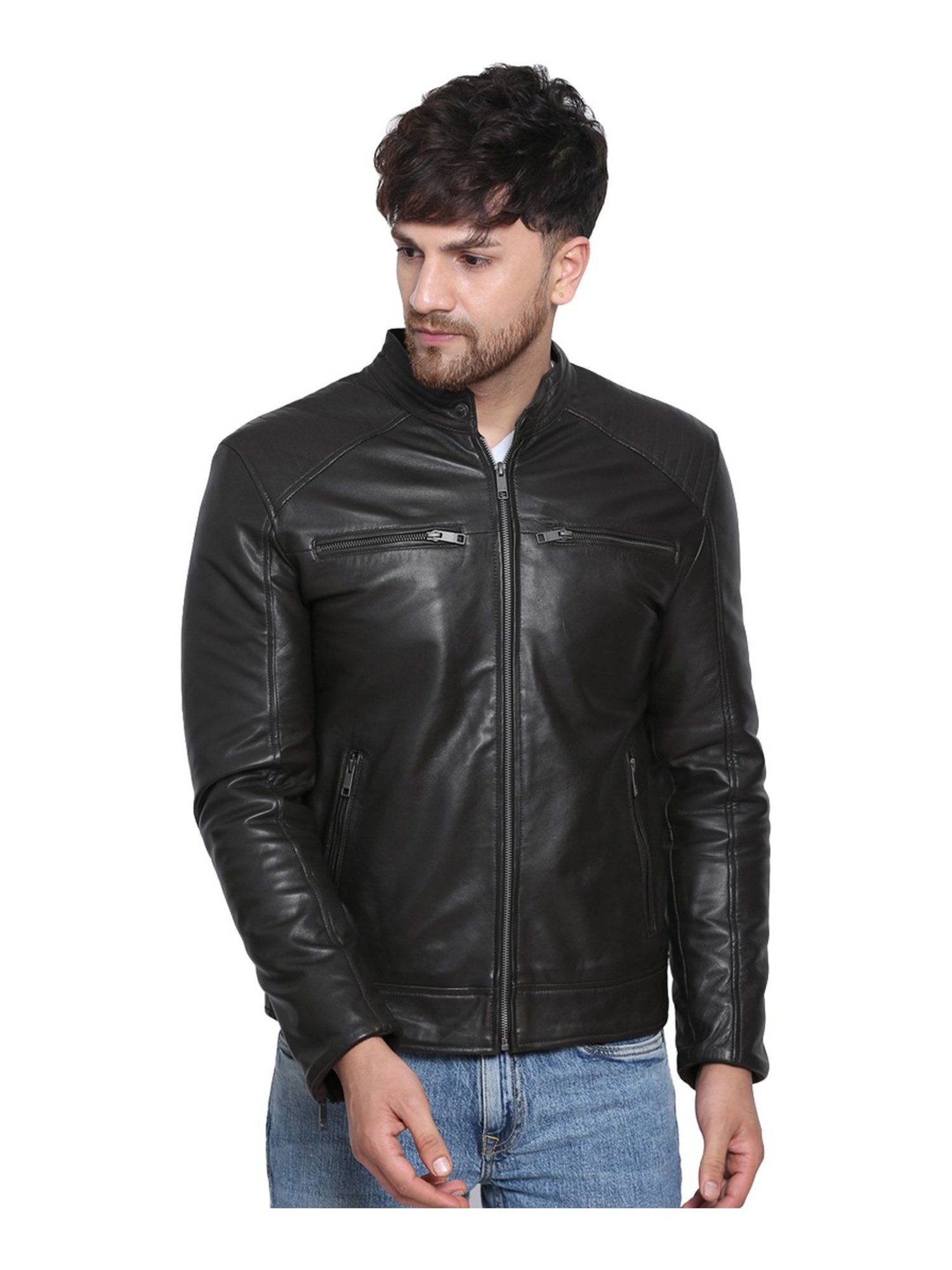 Buy Justanned Black Regular Fit Leather Jacket for Mens Online Tata CLiQ