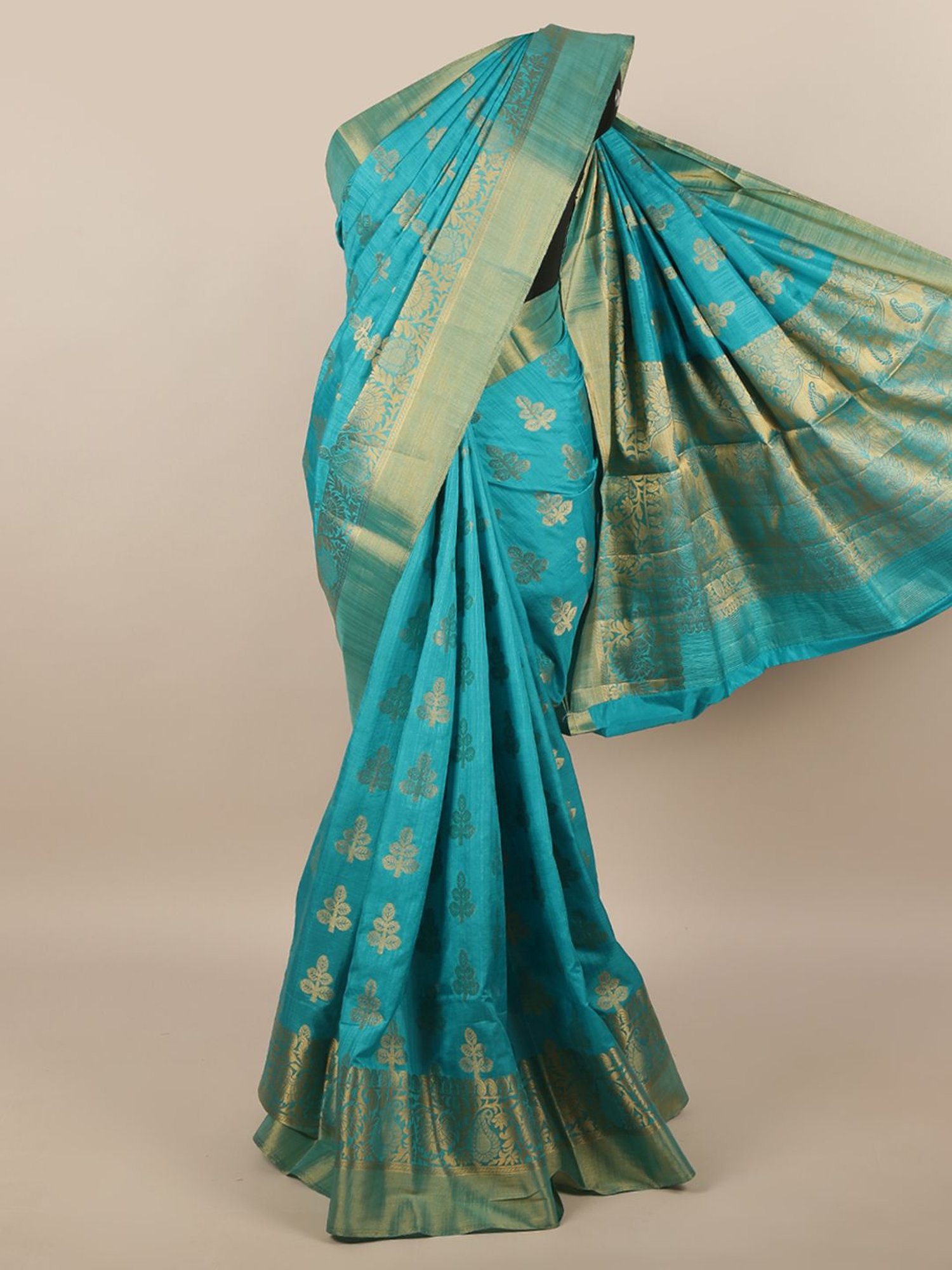 Pothys Boutique - Waltz into summer in this beautiful soft-silk saree in  blue and orange, with jute work on the pallu and a temple border to finish  the look! #PothysBoutique #SilkSaree #Wedding #