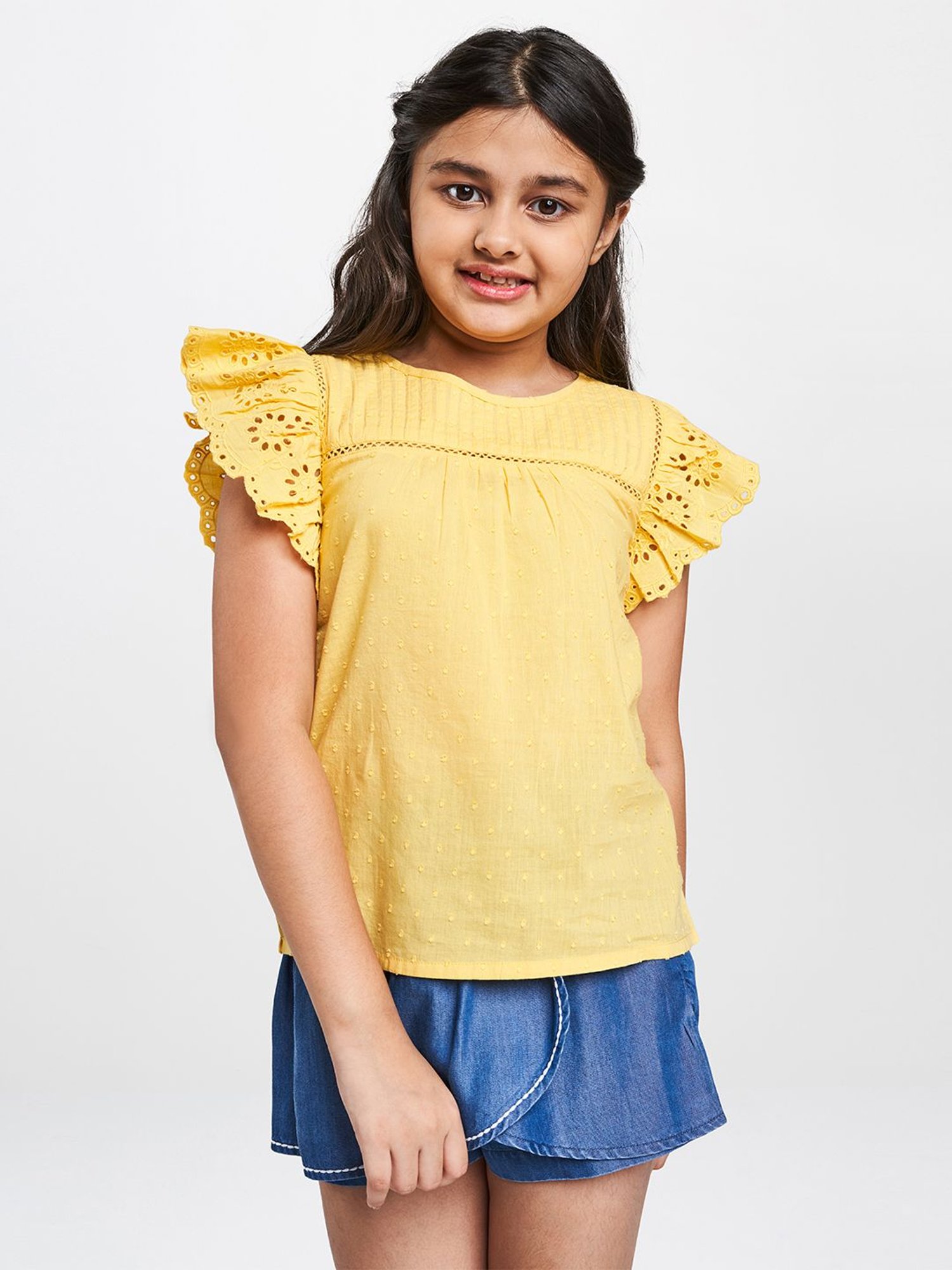Global Desi Women Yellow Self Design Pure Cotton Top With Pleat Detail -  Absolutely Desi