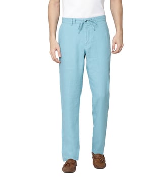 Mens Flat Front Trousers  Turquoise Linen  Trouser  Oliver Brown