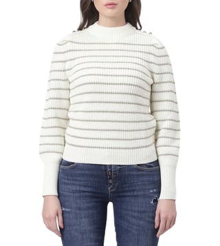 Buy Guess Cream And Gold Strip Regular Fit Helen RN LS Sweater for