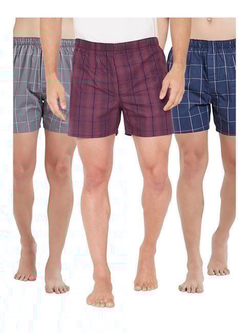 XYXX Navy Blue & Red Checks Cotton Boxers (Pack Of 3)-picture-39