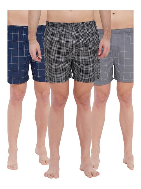 XYXX Navy Blue & White Checks Cotton Boxers (Pack Of 3)-picture-48