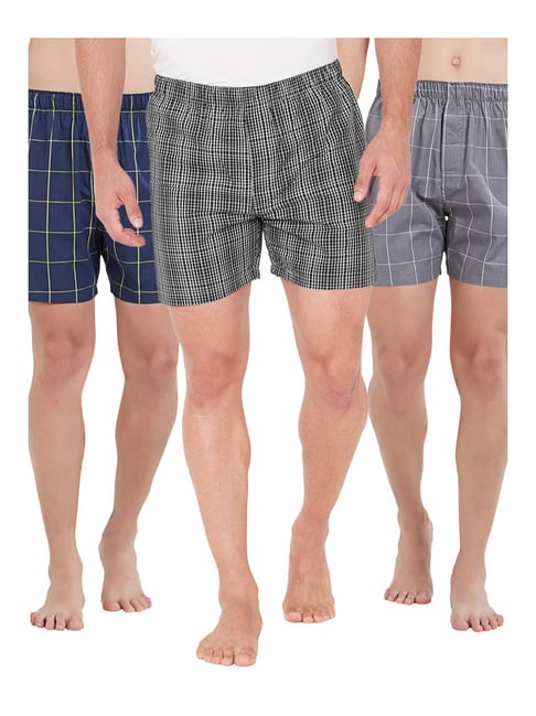 XYXX Navy Blue & White Checks Cotton Boxers (Pack Of 3)-picture-12