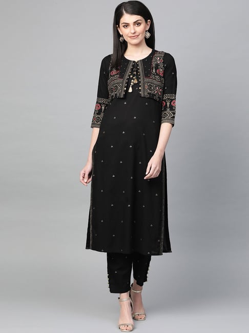 Black Colour Cotton Printed Kurta With Erhinc Jacket