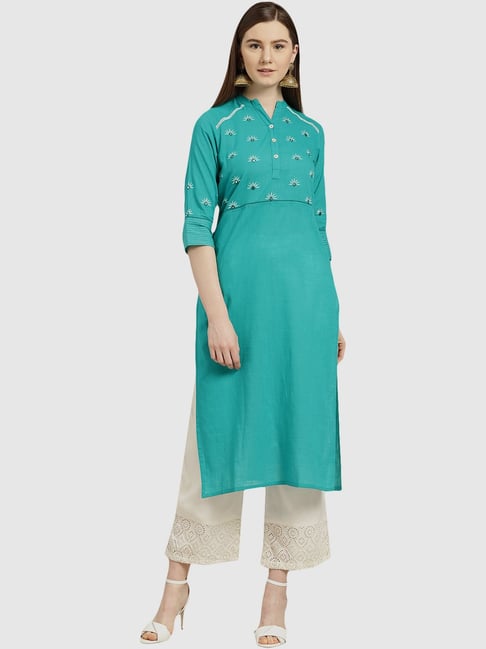 Buy Jaipur Kurti Turquoise blue embroidered straight kurta for Women Online Tata CLiQ