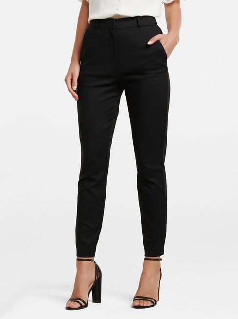 Buy FOREVER NEW Black Solid Polyester Tapered Fit Womens Trousers   Shoppers Stop
