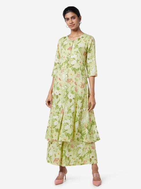 Zuba by Westside Lime Floral Print A-line Kurta