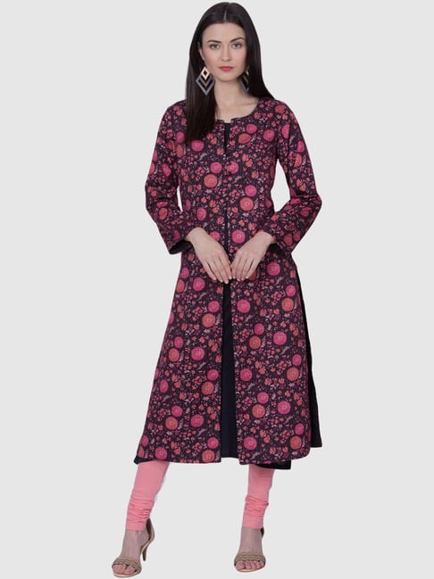 Buy Biba Black Cotton Printed Straight Kurta With Jacket for Women