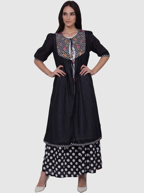 Biba Black Cotton Printed A Line Kurta