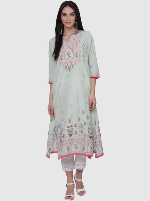 Biba Mint Green Cotton Printed Straight Kurta