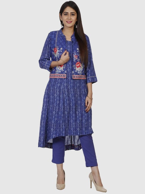 Biba Royal Blue Printed A Line Kurta With Jacket