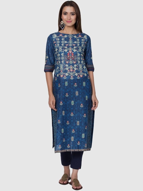 Biba Royal Blue Cotton Printed Straight Kurta