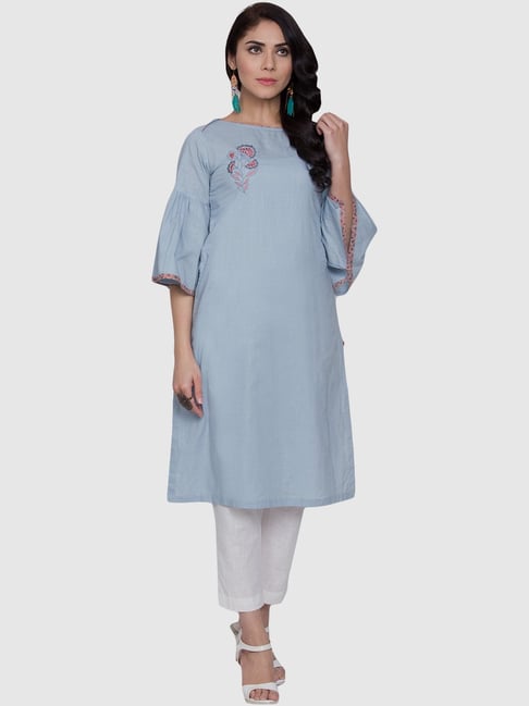 Biba Blue Cotton Straight Kurta