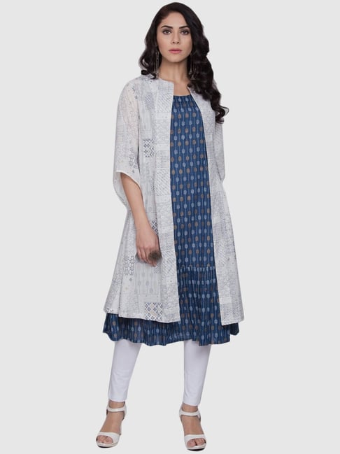 Biba Blue & White Cotton Printed A Line Kurta WIth Shrug