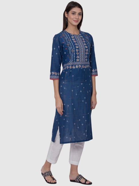 Biba Blue Cotton Printed Straight Kurta