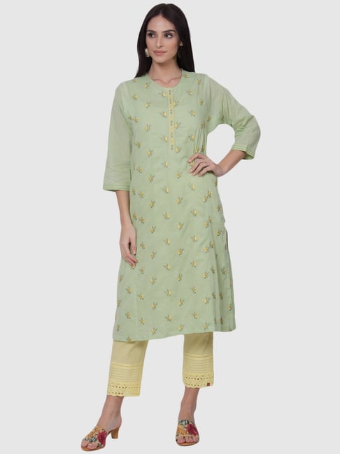 Biba Green Cotton Straight Kurta