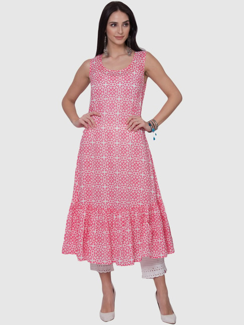 Biba Pink Cotton Printed Anarkali Double Layer Kurta Price in India