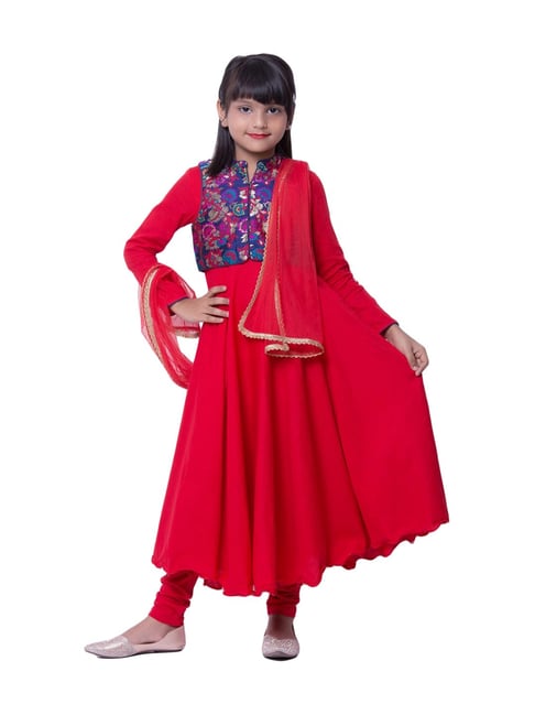 Buy BIBA GIRLS Red Girls Mandarin Collar Solid Churidar Suit with