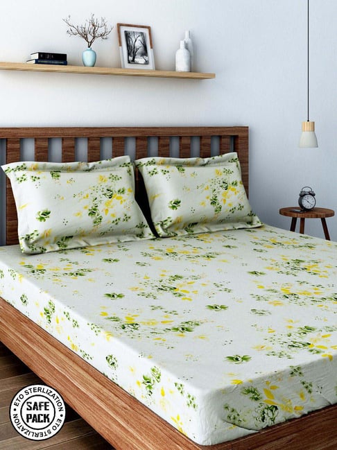 Swayam Floral White & Green 160 TC Cotton Single Bedsheet with 2 Pillow Covers-picture-38