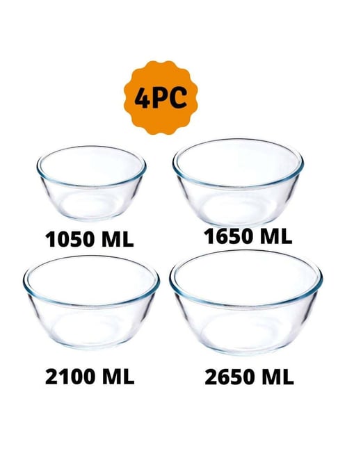 Femora Borosilicate Glass Mixing Bowls (2650 ml, 2100 ml, 1650 ml & 1050 ml) - Set of 4