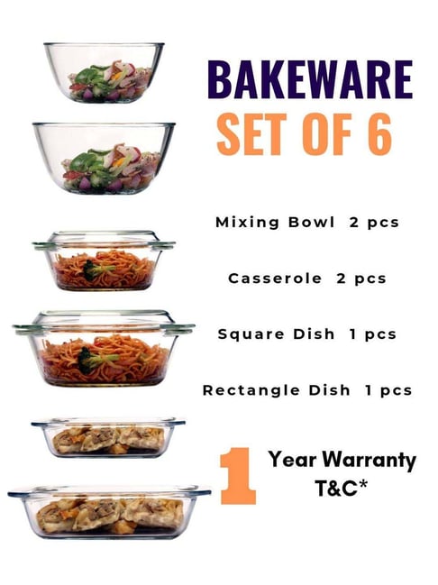Femora Borosilicate Glass Microwave Safe Bakeware Kitchen Combo - Set of 6