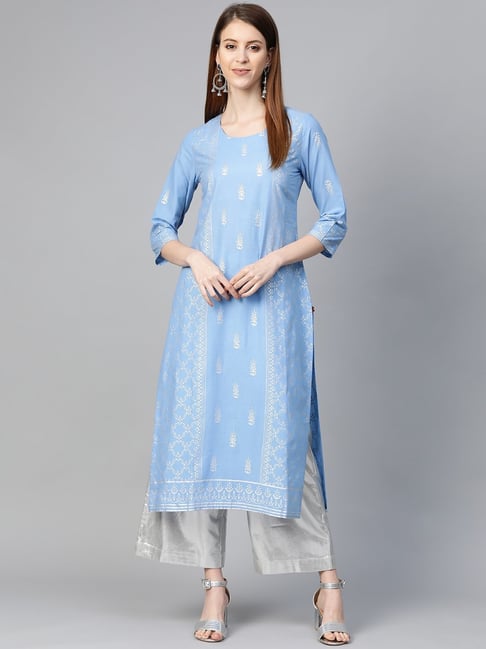 KSUT Sky Blue Cotton Printed Straight Kurta Price in India