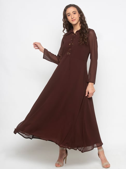 Exclusive Partywear Brown Colour Satin Silk Gown - Zakarto