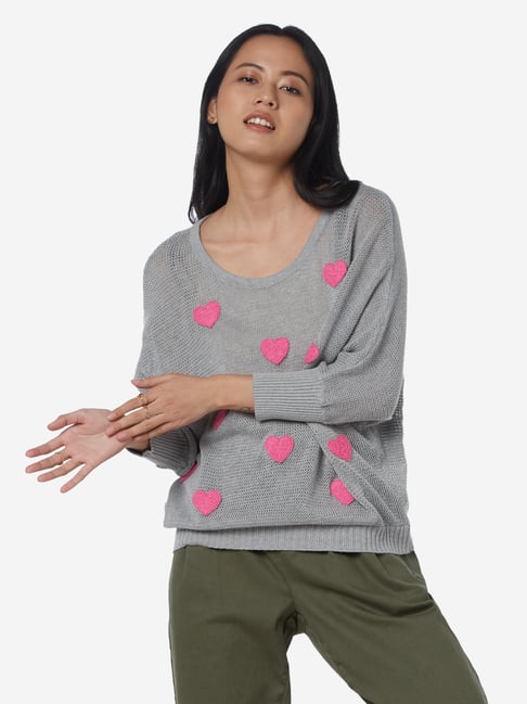Buy Nuon by Westside Grey Heart Patterned Teddy Sweater for Women Online @  Tata CLiQ