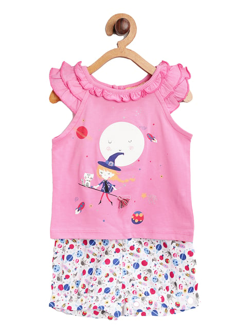 Nauti Nati Kids Pink & White Printed Top With Shorts