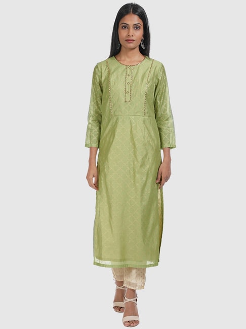 Indya Set of Mint Chanderi Kurta with Ivory Cigarette Pants Price in India
