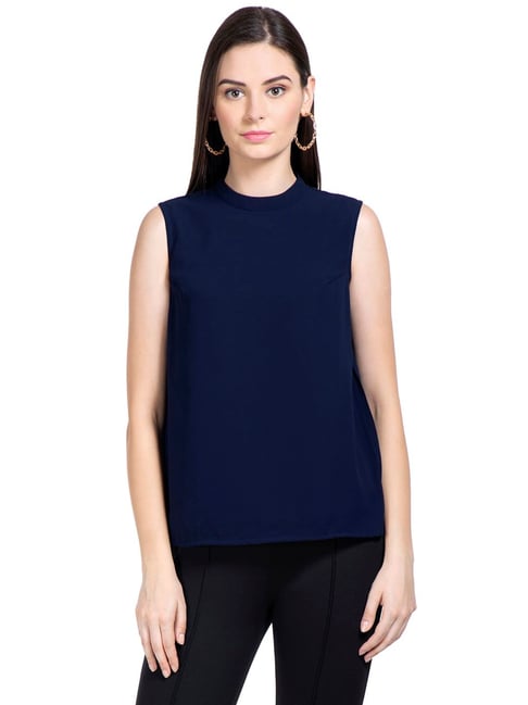 Sleeveless Pleat Front Blouse, navy