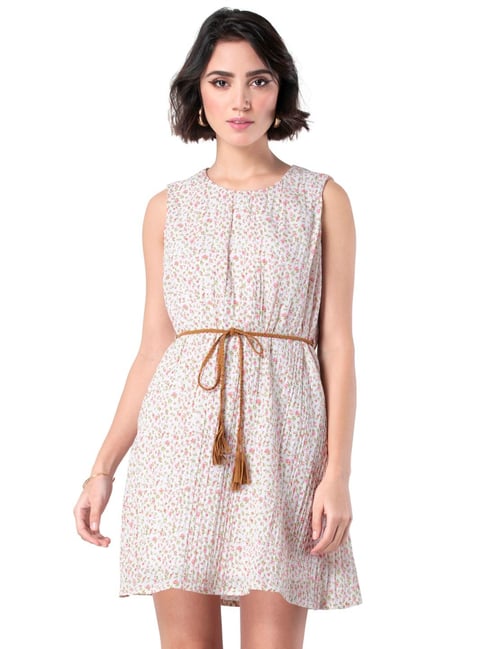 FabAlley White Floral Shift Dress With Tan Belt Price in India