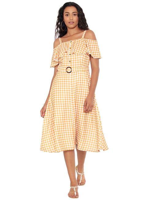 FabAlley Mustard Gingham Cold Shoulder Midi Dress Price in India