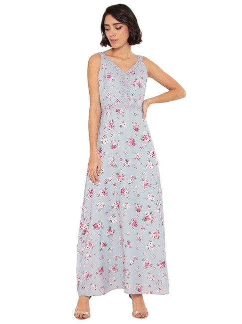 FabAlley Blue Floral Crochet Trim Maxi Dress Price in India