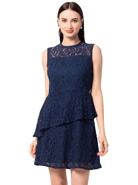FabAlley Navy Diagonal Tier Lace Skater Dress Price in India